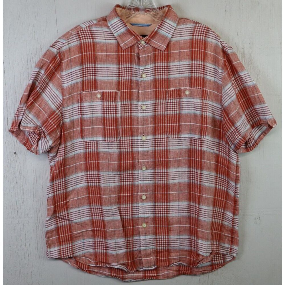 Mens Tommy Bahama Button Front Shirt Linen Size L Plaid Orange White